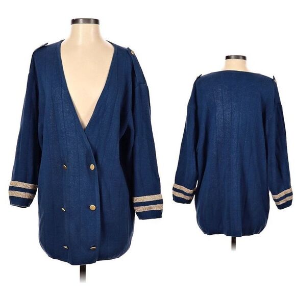 Vintage 1990s Lizsport Knit Cardigan Sweater Double Breasted Nautical Preppy SP - Picture 2 of 11